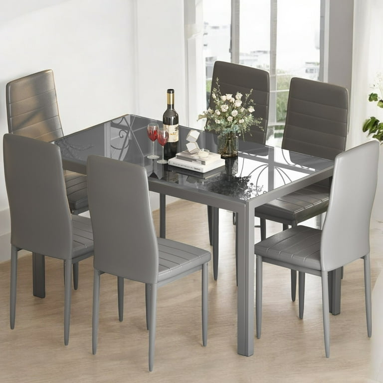 Glass Dining Table and 6 PU Leather Chairs