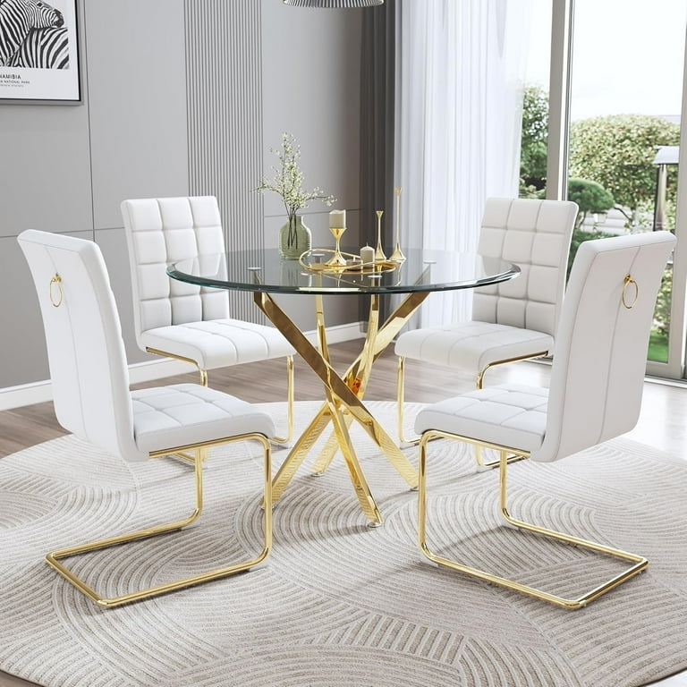 5-Piece Round Glass Dining Set with 4 PU Chairs & Steel Legs