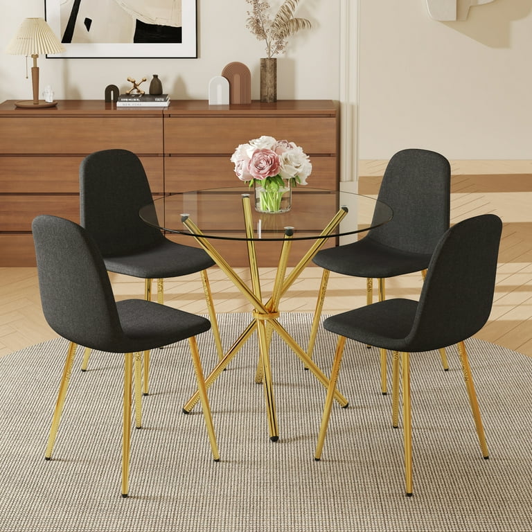 Round Tempered Glass Table & Black-Gold Chairs
