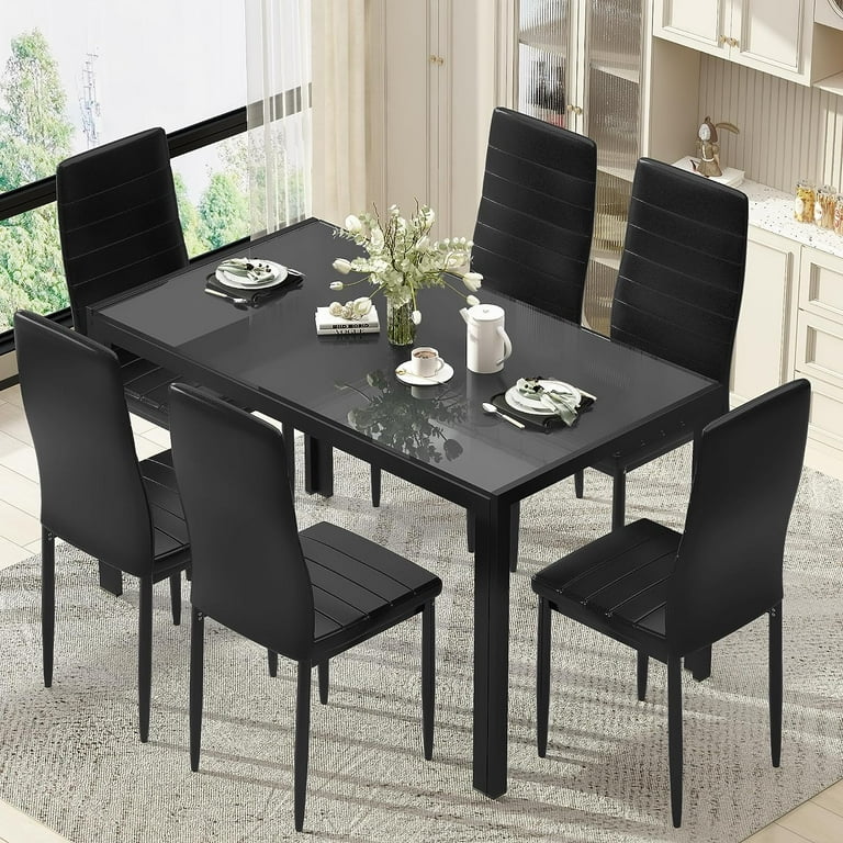 Glass Dining Table and 6 PU Leather Chairs