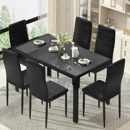 Glass Dining Table and 6 PU Leather Chairs