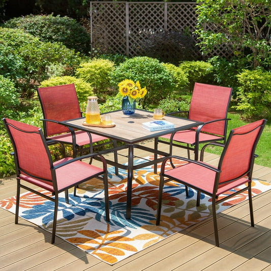 5-Piece Outdoor Patio Dining Set with Textilene Chairs & Wood Grain Table