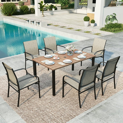 6 Textilene Chairs & Rectangular Metal Steel Dining Table with Umbrella Hole