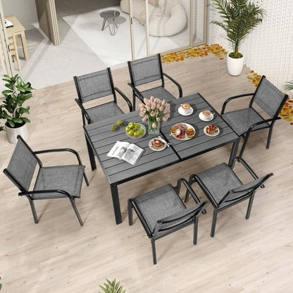 7 Piece Outdoor Patio Dining Set, Plastic-wood Dining Table and Chair for 6