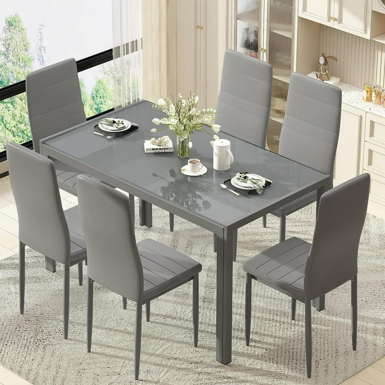 Glass Dining Table and 6 PU Leather Chairs