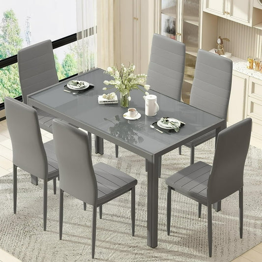Glass Dining Table and 6 PU Leather Chairs