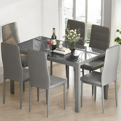 Glass Dining Table and 6 PU Leather Chairs