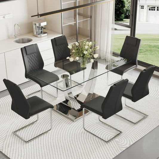 Tempered Glass Top Kitchen Table Set and 6 Chairs for Dining Room Kitchen