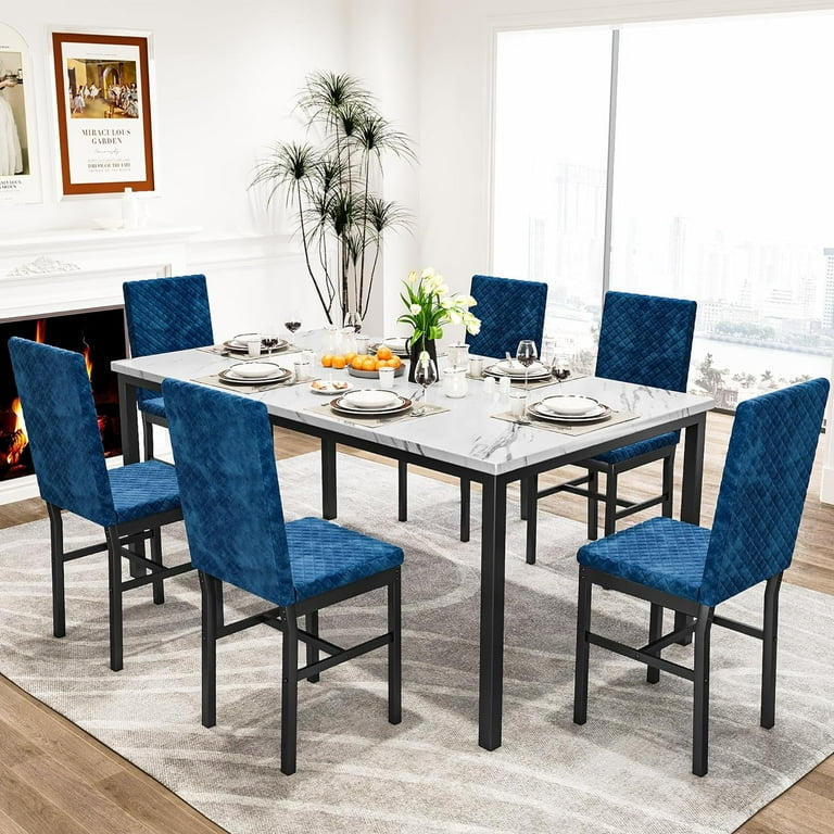 7 Piece Modern Faux Marble Dining Table Set