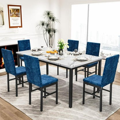 7 Piece Modern Faux Marble Dining Table Set