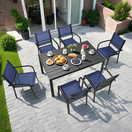 7 Piece Outdoor Patio Dining Set, Plastic-wood Dining Table and Chair for 6