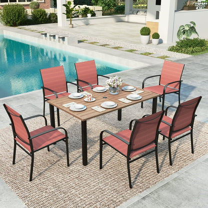 6 Textilene Chairs & Rectangular Metal Steel Dining Table with Umbrella Hole