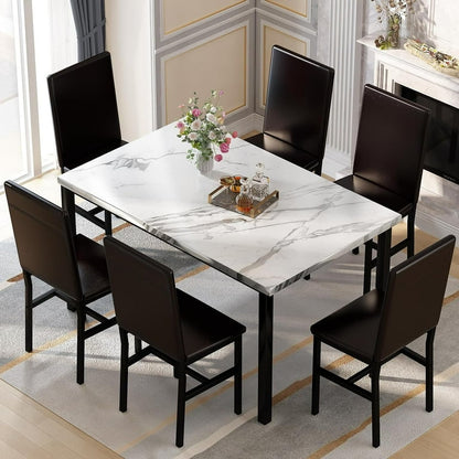7 Piece Modern Faux Marble Dining Table Set