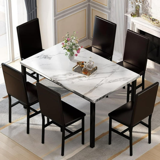 7 Piece Modern Faux Marble Dining Table Set