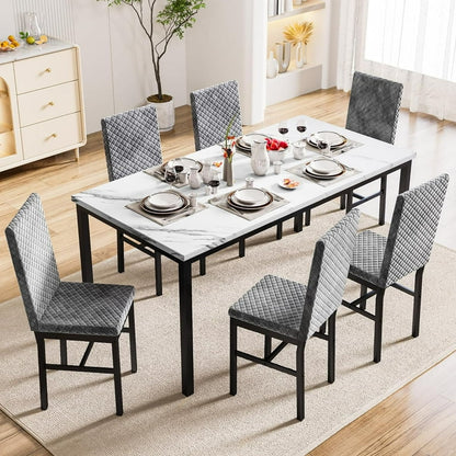 7 Piece Modern Faux Marble Dining Table Set