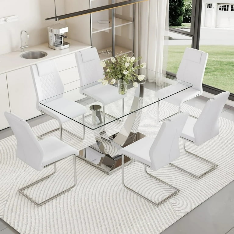 Tempered Glass Top Kitchen Table Set and 6 Chairs for Dining Room Kitchen