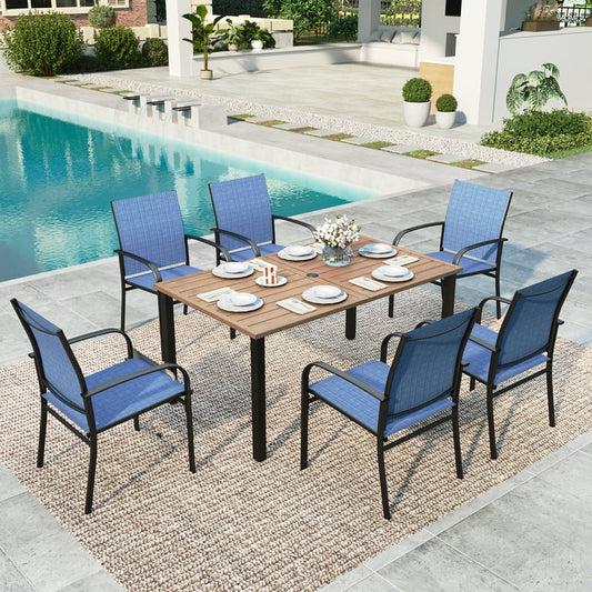 6 Textilene Chairs & Rectangular Metal Steel Dining Table with Umbrella Hole