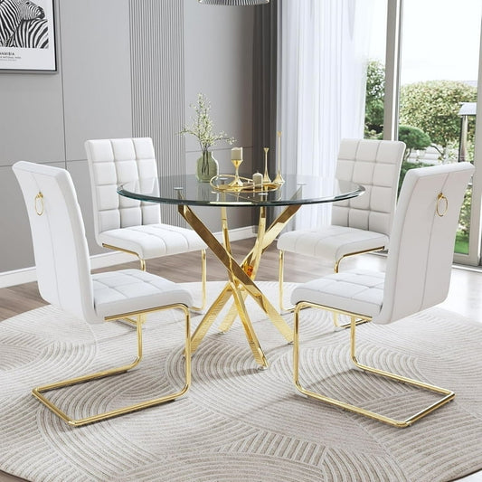 5-Piece Round Glass Dining Set with 4 PU Chairs & Steel Legs