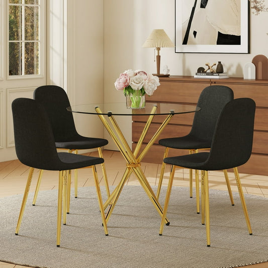 Round Tempered Glass Table & Black-Gold Chairs