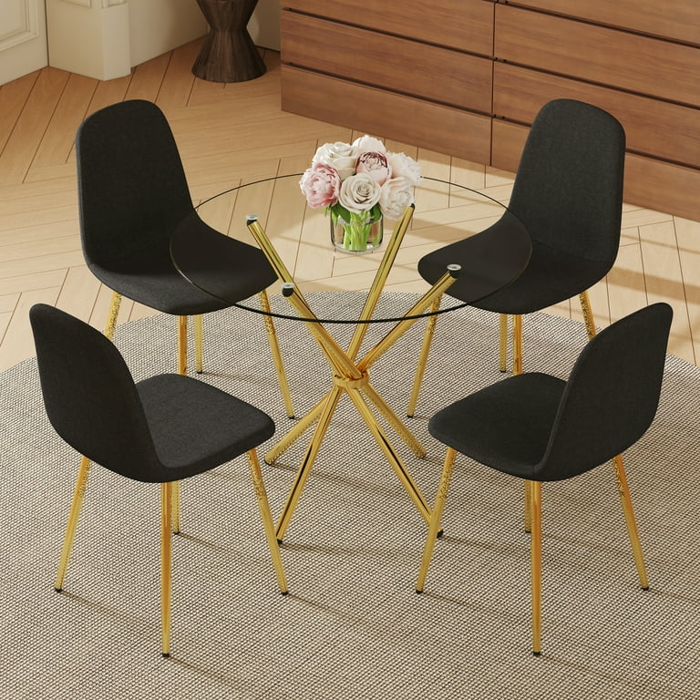 Round Tempered Glass Table & Black-Gold Chairs