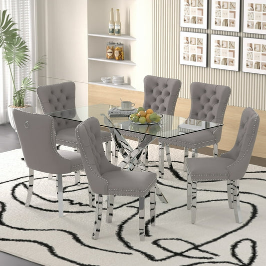 Luxury 63" Glass Dining Table Set with 6 Velvet Chairs