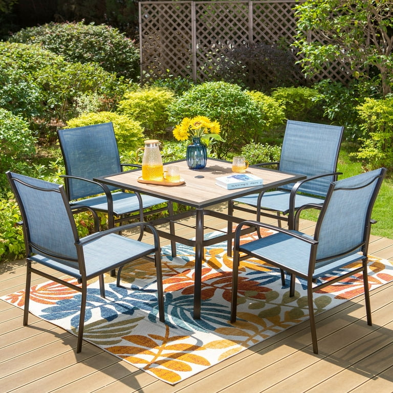 5-Piece Outdoor Patio Dining Set with Textilene Chairs & Wood Grain Table