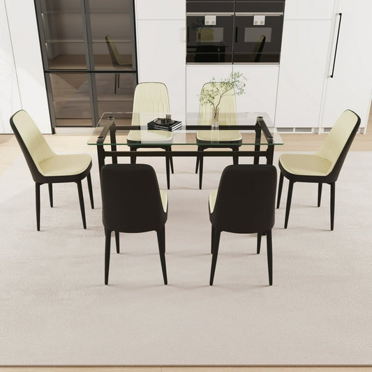 6-Piece Modern Glass Dining Table Set with 6 Upholstered Chairs, Black Frame & Cream Cushions