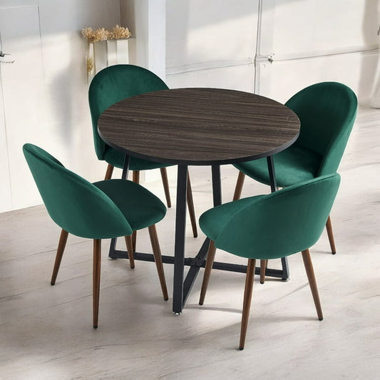 5-Piece Modern Round Wooden Dining Table Set with 4 Velvet Chair